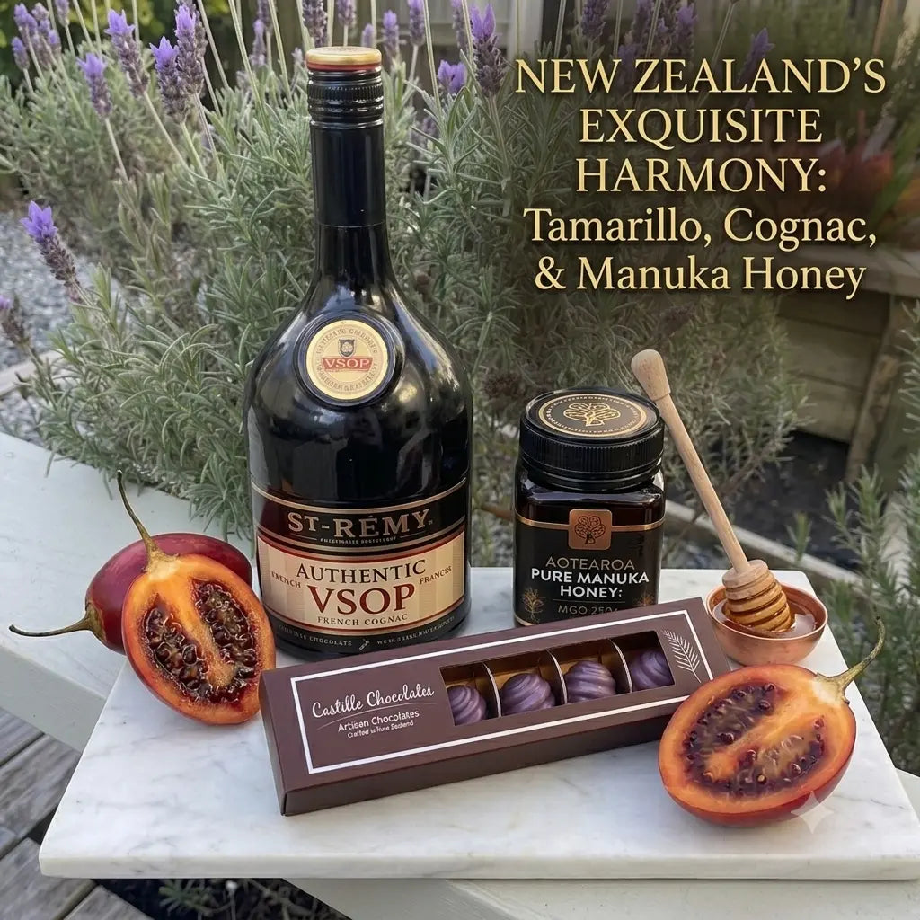 Belgian Dark Chocolate bonbon filled in with 54% cacao ganache, Tamarillo and St Remi Cognac VSOP and Manuka Honey