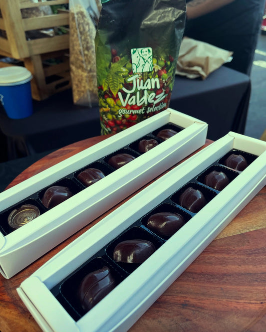 54% cacao Belgian Dark Chocolate bobons with coffee grain design and Colombian coffee ganache