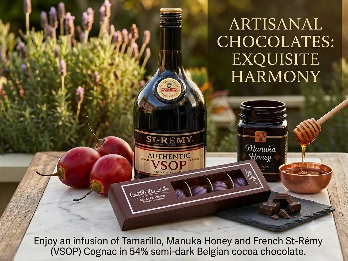 Belgian Dark Chocolate bonbon filled in with 54% cacao ganache, Tamarillo and St Remi Cognac VSOP and Manuka Honey