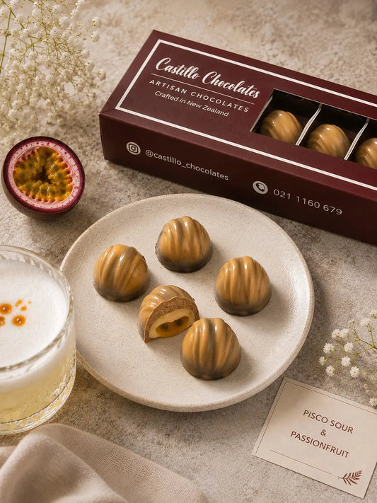 Belgian white chocolate bonbon with pisco sour ganache with passion fruit, lemon and Manuka honey